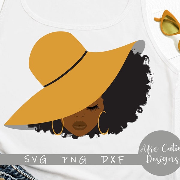 Gold hat classy lady - Church hat - African American - Afro Girl - svg cutting file + dxf png - Black hair stickers  clipart - S330