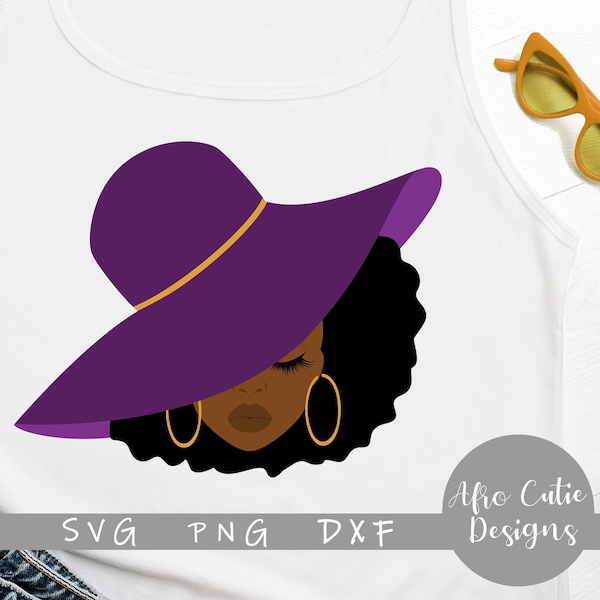 Chapeau d’or violet femme classe - Grand chapeau d’église - Afro-américain - Afro - fichier de découpe SVG + dxf png - Autocollants cheveux noirs clipart - S436