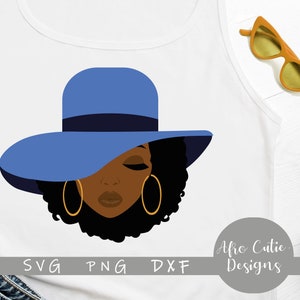 Blauer Hut Frau Afro Gold Ohrringe - Afro Afroamerikaner - Frau Hut - svg schneiden Datei + dxf png - Schwarze Haare Aufkleber Clipart - S397