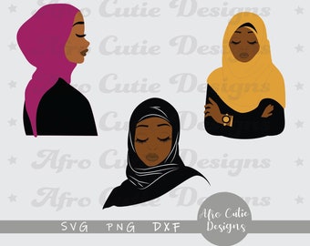 3x black woman hijab - African American - Afro Woman Muslim Hijabi bundle svg cutting file + dxf png - Black hair - Afrohair clip art - B028