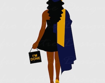 Ältere schwarze Frau - schwarze Mädchen-Abschluss SVG - Afroamerikaner-Abschluss-Mädchen-Svg - Abschluss-Kappe Robe Blaugold Clipart - S820