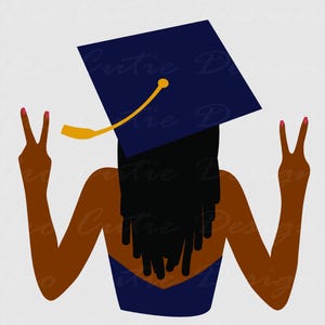 May include: Illustration of a person wearing a graduation cap, with arms raised in a peace sign. The cap is navy blue with a gold tassel. The person has dark skin and black hair. The image includes the text "SVG PNG DXF" and "Afro Cutie Designs".