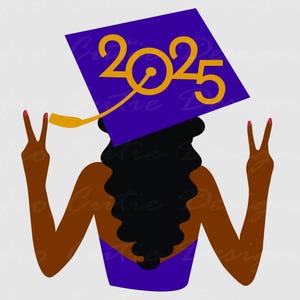 Senior 2025 svg - Black Woman Graduation SVG -  African American Graduation Girl Svg - Graduation Cap curly hair purple gold clipart - S811