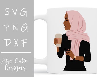 Black woman pink hijab coffee cup - African American headscarf - svg cutting file + dxf png - Black woman muslim - Afro clipart - S520