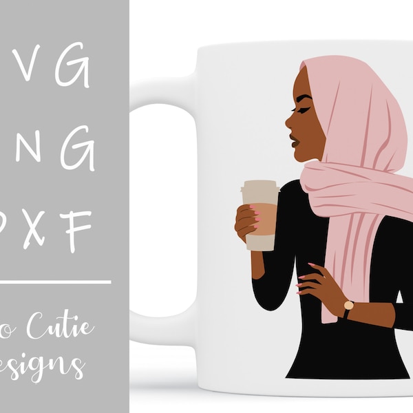 Schwarze Frau rosa Hijab Kaffeetasse - Afroamerikaner Kopftuch - svg Plotterdatei + dxf png - Schwarze Frau muslimisch - Afro Clipart - S520