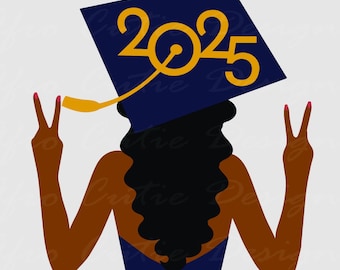 Senior 2025 svg - Black Woman Graduation SVG -  African American Graduation Girl Svg - Graduation Cap curly hair blue gold clipart - S791