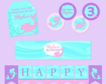 Little Mermaid Mini Party Pack, Mermaid Birthday, Mermaid Party Decorations, Banner, Water Wrappers, Cupcake Toppers, Favor Tags