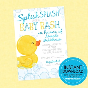 Rubber Duck Baby Shower Invitation - EDITABLE INSTANT DOWNLOAD - Duck Baby Shower, Rubber Ducky, Duck Baby Shower Invites, Boy, Duckie, Blue
