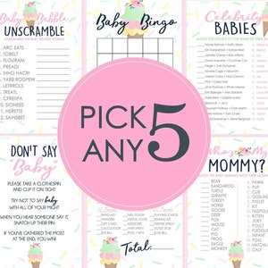 Ice Cream Baby Shower Games - PICK ANY 5 - 30 Games To Choose From - Ice Cream Baby Shower, Ice Cream Shower, Guess, Who Knows, Bingo