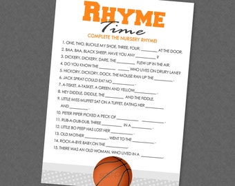 Puede incluir: Una hoja de juego imprimible con temática de baloncesto. La hoja tiene el título "Rhyme Time" y pide a los jugadores que completen las rimas infantiles rellenando los espacios en blanco. 