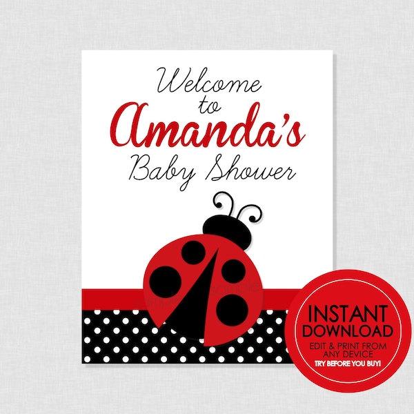 Ladybug Baby Shower Welcome Sign - EDITABLE INSTANT DOWNLOAD - Ladybug Welcome Sign, Party Sign, Ladybug Baby Shower, Little Lady, Lady Bug