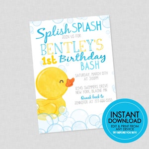 Rubber Duckie Birthday Invitation - EDITABLE INSTANT DOWNLOAD - Rubber Duck Birthday Invite, Ducky Birthday Invitations, Boy, Any Age