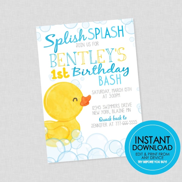 Rubber Duckie Birthday Invitation - EDITABLE INSTANT DOWNLOAD - Rubber Duck Birthday Invite, Ducky Birthday Invitations, Boy, Any Age