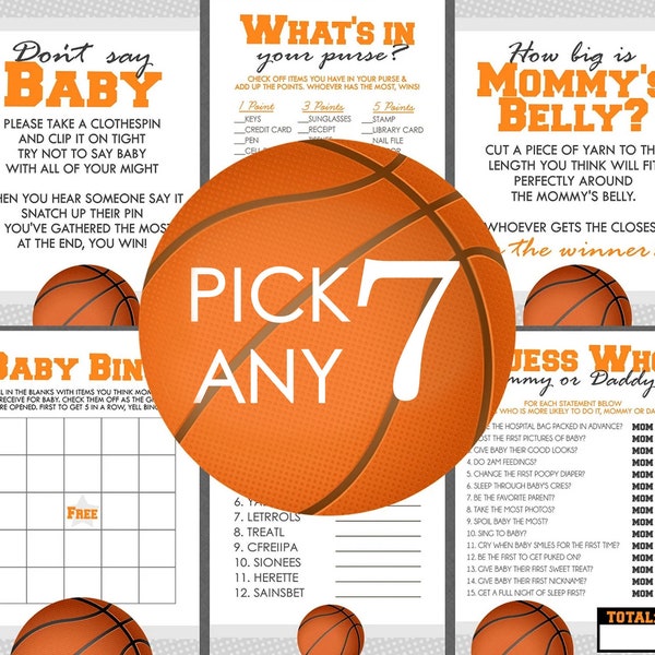 Basketball Baby Shower Games - PICK ANY 7 - 30 Games To Choose From - Basketball Baby Shower, Basketball Shower Games, Guess Who, Emoji