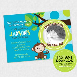 Monkey Birthday Photo Invitation - EDITABLE INSTANT DOWNLOAD - Monkey Birthday Picture Invite, Boy Monkey Party, Blue, Green, Polka Dot