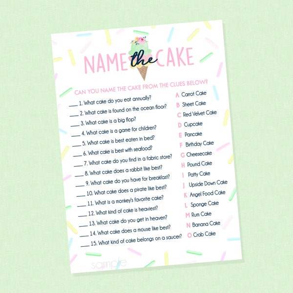 Name the Cake Shower Game - INSTANT DOWNLOAD - Ice Cream Bridal Shower, Shower Games, Ice Cream Baby Shower, Name that Cake, Cake Guess