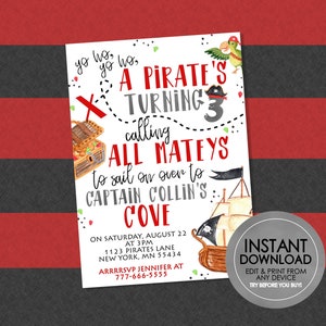 Piratenkaart verjaardagsuitnodiging - BEWERKBARE INSTANT DOWNLOAD - piraat verjaardag nodigt, piratenkaart, piratenfeestje uitnodigen, aquarel piraat