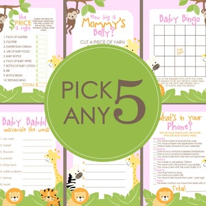 Girl Safari Baby Shower Games - PICK ANY 5 - Up to 15+ Games To Choose From - Jungle Baby Shower, Zoo Animals, Safari Baby Shower, Pink