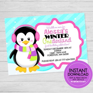Girl Penguin Birthday Invitation - EDITABLE INSTANT DOWNLOAD - Penguin Birthday Invites, Onederland, Wonderland, 1st Birthday, Winter, Pink