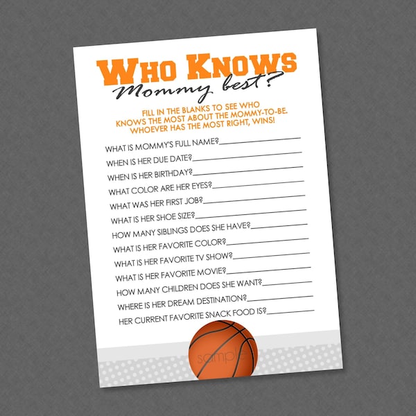 Basketball Who Knows Mommy Best Shower Game - INSTANT DOWNLOAD - Basketball Baby Shower Games, Who Knows Mom Best, Basketball Baby Shower