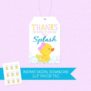 Girl Rubber Duck Birthday Favor Tag - INSTANT DOWNLOAD - Duckie Birthday, Ducky Favor Tags, Thank You, Any Age, Rubber Duckie, Purple, Girly