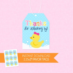 Girl Rubber Duck Birthday Favor Tag - INSTANT DOWNLOAD - Duckie Birthday, Ducky Favor Tags, Thank You, Any Age, Rubber Duckie, Pink