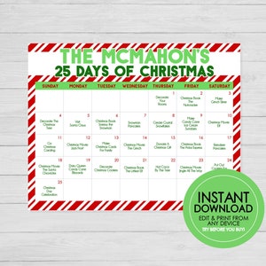 25 Days of Christmas Activity Calendar - EDITABLE INSTANT DOWNLOAD - Christmas Activities, 25 Days of Christmas, Kids Christmas, Advent