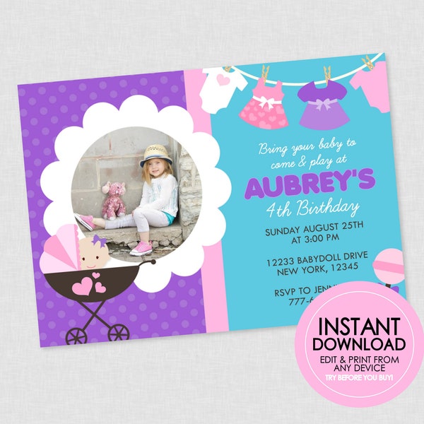 Baby Doll Photo Birthday Invitation  - EDITABLE INSTANT DOWNLOAD - Baby Doll Birthday Invite, Doll Birthday Party, Bring Your Baby, Picture