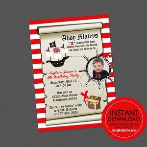 Piratenkaart verjaardagsuitnodiging - BEWERKBARE INSTANT DOWNLOAD - piraat verjaardagsuitnodigingen, piratenkaart, piraatfoto uitnodigen, foto, piratenfeestje