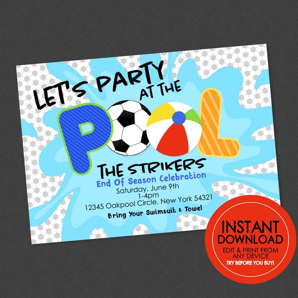 Soccer Pool Party Invitation - EDITABLE INSTANT DOWNLOAD - Soccer Pool Party, Soccer Team, End of Year Sports Pool Party Invite