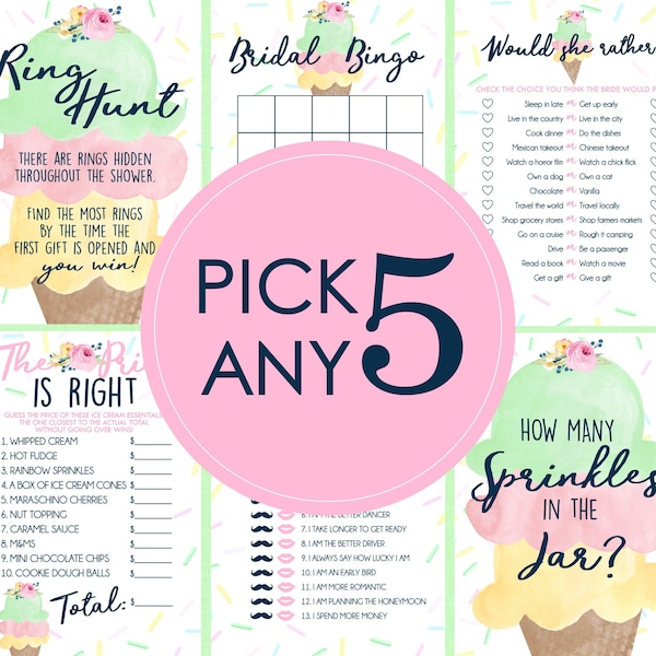 Ice Cream Bridal Shower Games - PICK ANY 5 - 20 Games to Choose From - Ice Cream Bridal Shower, Scooped Up, Ice Cream Shower Games