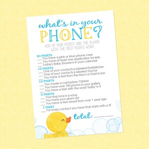 Rubber Duck What&#39;s In Your Phone Shower Game - INSTANT DOWNLOAD - Duck Baby Shower Games, Ducky, Whats In Your Phone Game, Duckie