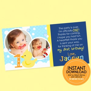 Rubber Duck 1st Birthday Two Photo Thank You - EDITABLE INSTANT DOWNLOAD - Rubber Duckie, Rubber Ducky Thank You Card, Picture