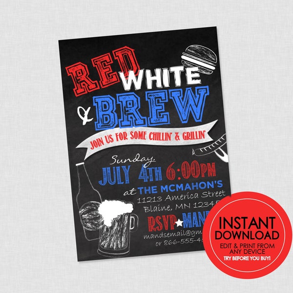 Red White & Brew Party Invitation, 4th of July - EDITABLE INSTANT DOWNLOAD - 4th of July Invite, Barbecue, Chalkboard, Bbq, Grill