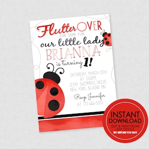 Invitación de cumpleaños de mariquita - DESCARGA INSTANTÁNEA - Edita e imprime desde cualquier dispositivo, Cumpleaños de mariquita, Invitación de cumpleaños de mariquita, Pequeña dama