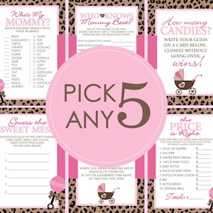 Leopard Baby Shower Games - PICK ANY 5 - 30 Games To Choose From - Leopard Baby Shower, Leopard, Pink, Girl Shower Games, Cheetah, Guess Who