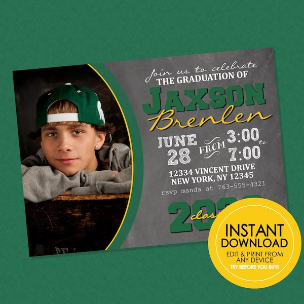 Green & Gold Graduation Chalkboard Invitations - EDITABLE INSTANT DOWNLOAD - Graduation Party Invites, Graduation Photo Invite, Grad Party