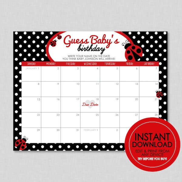 Ladybug Guess Baby's Birthday Shower Game - EDITABLE INSTANT DOWNLOAD - Ladybug Baby Shower Games, Lady Bug, Little Lady