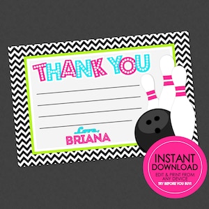 Menina jogando boliche - DOWNLOAD INSTANTÂNEO EDITÁVEL - Cartão de agradecimento de boliche, Notas de agradecimento de boliche retrô, Aniversário de boliche, Neon