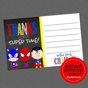 Nota de agradecimento de super-herói - DOWNLOAD INSTANTÂNEO EDITÁVEL - Notas de agradecimento de super-heróis, cartões de agradecimento de super-heróis, chá de bebê, aniversário