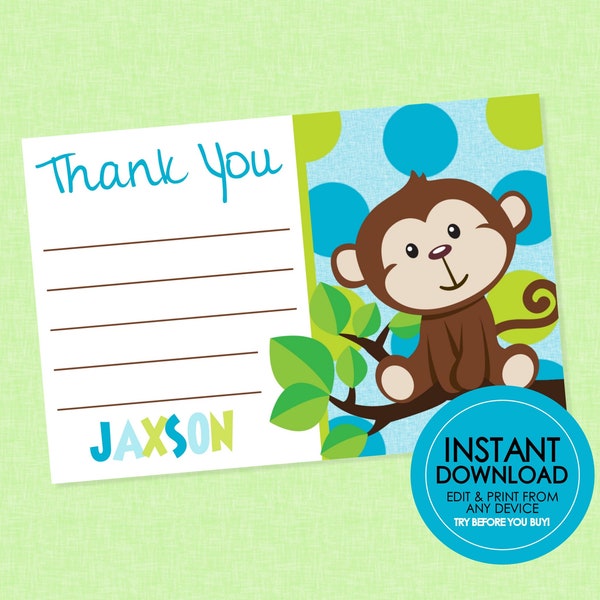 Monkey Birthday Thank You - EDITABLE INSTANT DOWNLOAD - Monkey Thank You Notes, Monkey Thank You Cards, Boy Monkey Birthday, Blue, Green