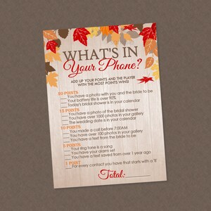 What&#39;s In Your Phone Bridal Shower Game - INSTANT DOWNLOAD - Fall Bridal Shower Games, Fall Bridal Shower, Phone Game, Fall Leaves