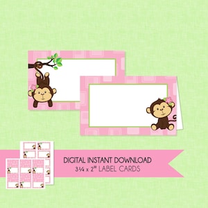 Monkey Birthday Label Cards - INSTANT DOWNLOAD - Monkey Birthday, Food Cards, Folding Label Tents, Name Tags, Place Cards, Pink, Green, Girl