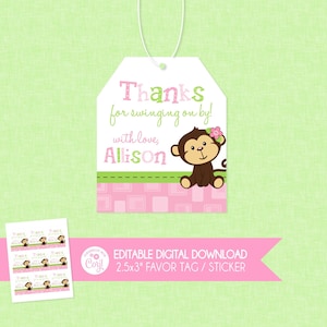 Monkey Birthday Favor Tags - EDITABLE INSTANT DOWNLOAD - Monkey Girl, Monkey Favor Tag, Girly Monkey, Thank You Favor Tags, Pink Monkey