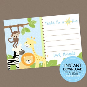 Cartão de agradecimento Safari - DOWNLOAD INSTANTÂNEO EDITÁVEL - Agradecimento da selva, Cartões de agradecimento Safari, Animais da selva, Aniversário, Chá de bebê, Zoológico