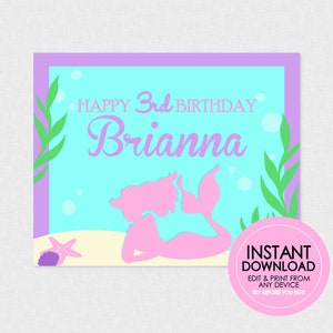 Mermaid Party Sign - EDITABLE INSTANT DOWNLOAD - Mermaid Welcome Sign, Mermaid Birthday, Mermaid Birthday Poster, Pink, Purple, Teal Blue