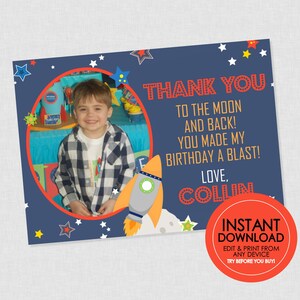 Foto de agradecimento de aniversário espacial - DOWNLOAD INSTANTÂNEO EDITÁVEL - Agradecimento espacial, cartões de agradecimento de foguete, aniversário espacial, agradecimento espacial