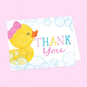 Tarjeta de agradecimiento con patito de goma para niña - DESCARGA INSTANTÁNEA - Cumpleaños con patito de goma, Baby Shower con patito de goma, Gracias doblada, Gracias con patito