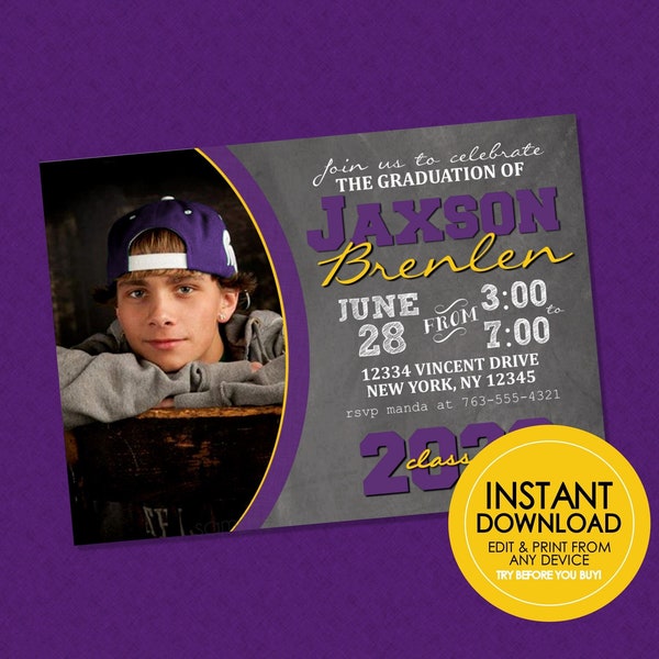 Purple & Gold Graduation Chalkboard Invitations - EDITABLE INSTANT DOWNLOAD - Graduation Party Invites, Graduation Photo Invite, Grad Party