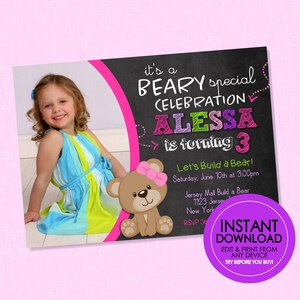 Girl Teddy Bear Photo Birthday Invite - EDITABLE INSTANT DOWNLOAD - Teddy Bear Birthday, Teddy Bear Invites, Great For Build A Bear, Picture